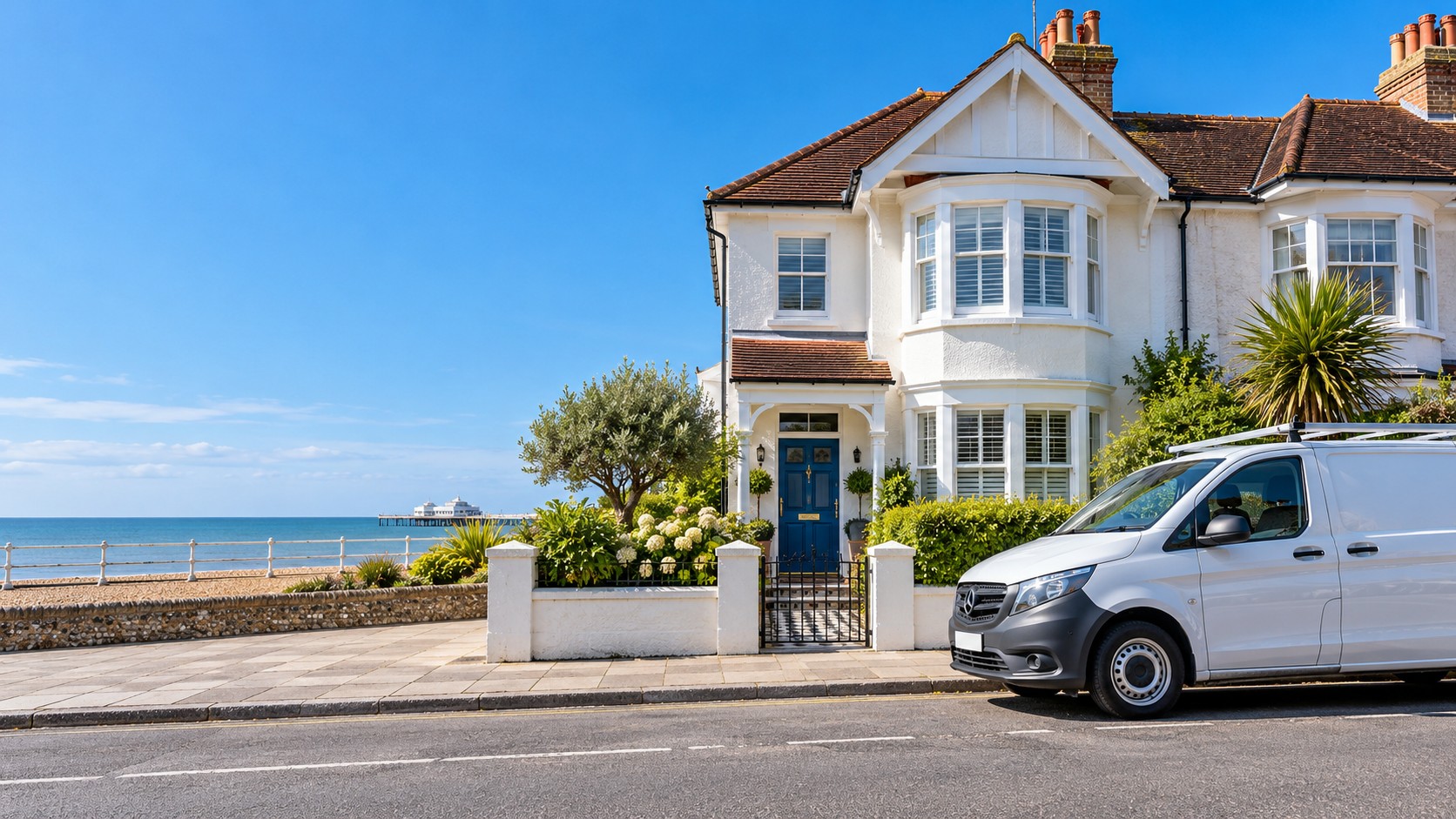 Bright Worthing home with an electrician's white van parked outside