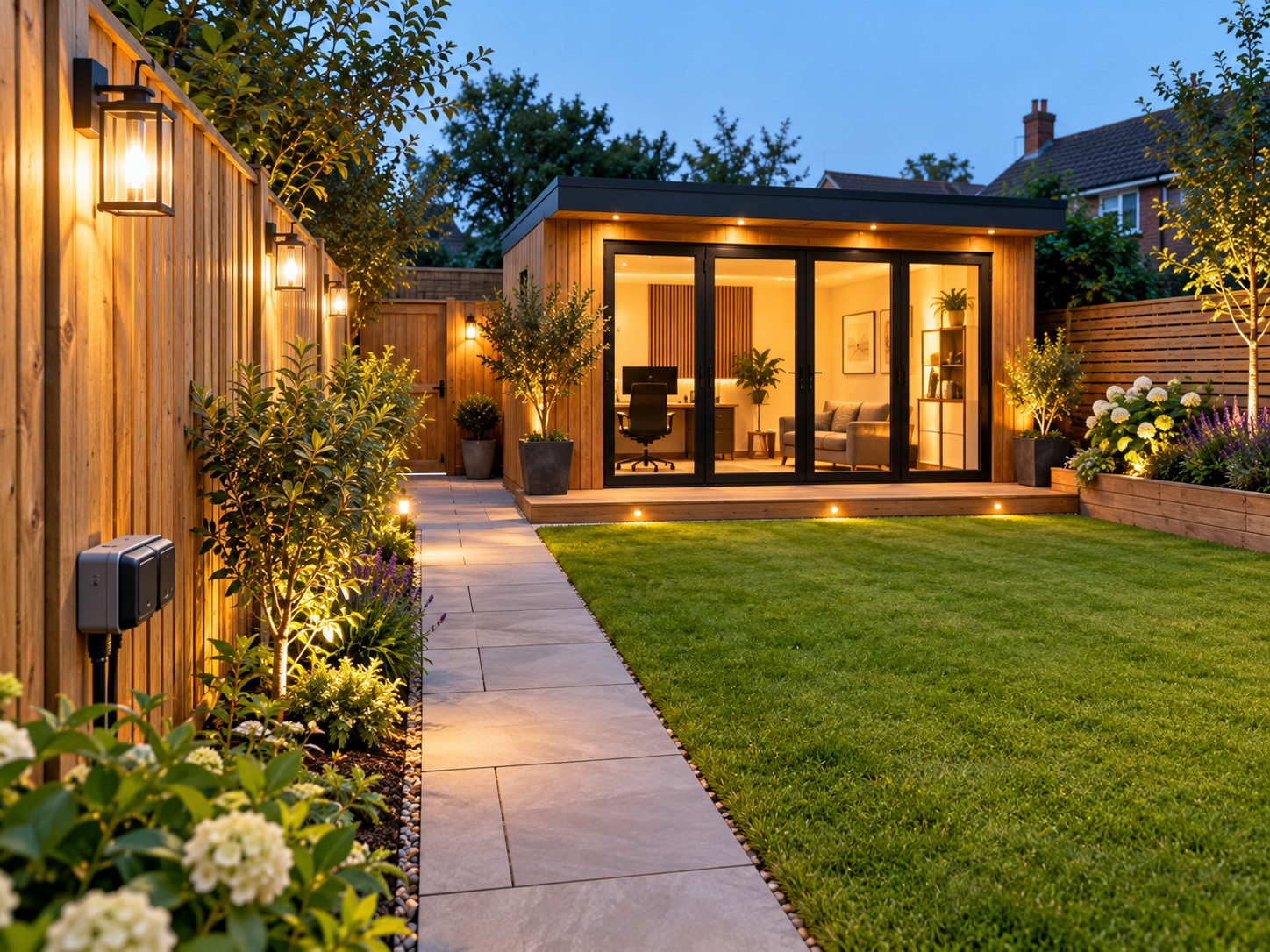 Garden with outdoor lanterns and a lit garden building