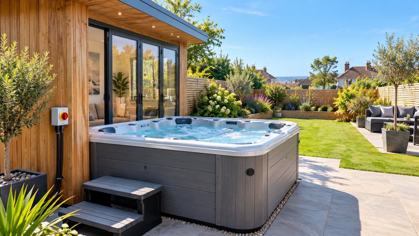 Hot tub on a garden patio beside a pool house