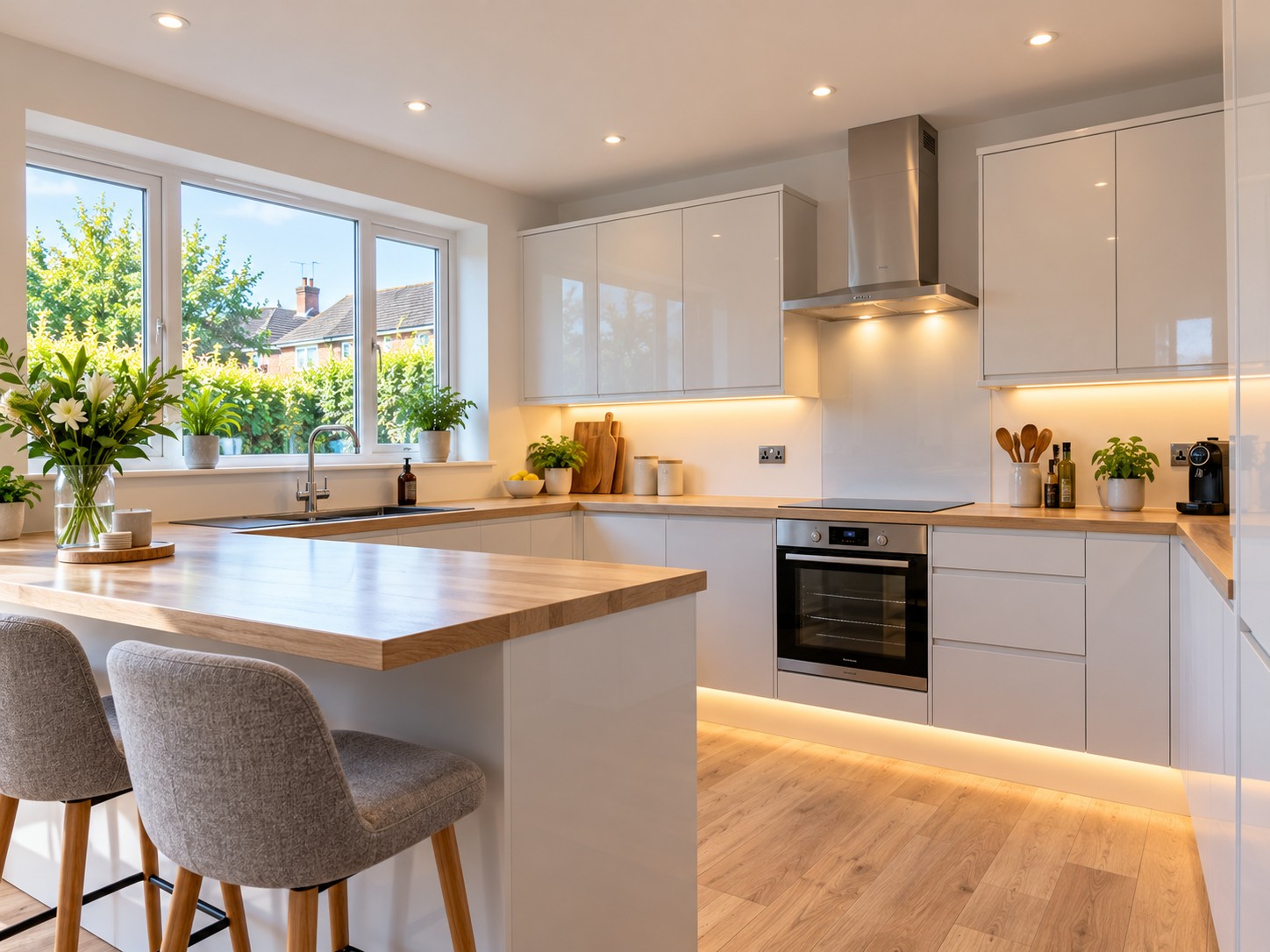 Bright modern kitchen with downlights and under-cabinet lighting