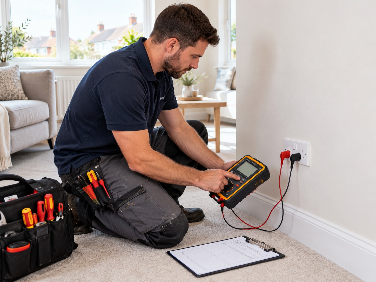 Electrician testing a circuit with a multifunction tester